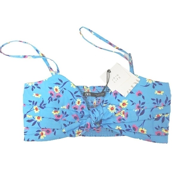 ZARA Crop Top Bandeau Summer Blue Floral Shirred Smocked Pretty Cute Beachy - Picture 11 of 13